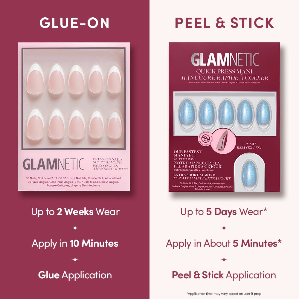 Comparison image shows glamnetic's Ocean Prism stick-on blue nails vs. glue-on pink nails. Text compares wear time, application time, and method, highlighting the ease of no-glue Ocean Prism nails over traditional glue-ons. - Product image