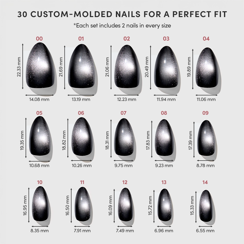 A chart displays 15 sizes of glamnetic Obsidian press-on nails, each numbered and showing width and length in millimeters. Each set includes two nails in every size. - Product image