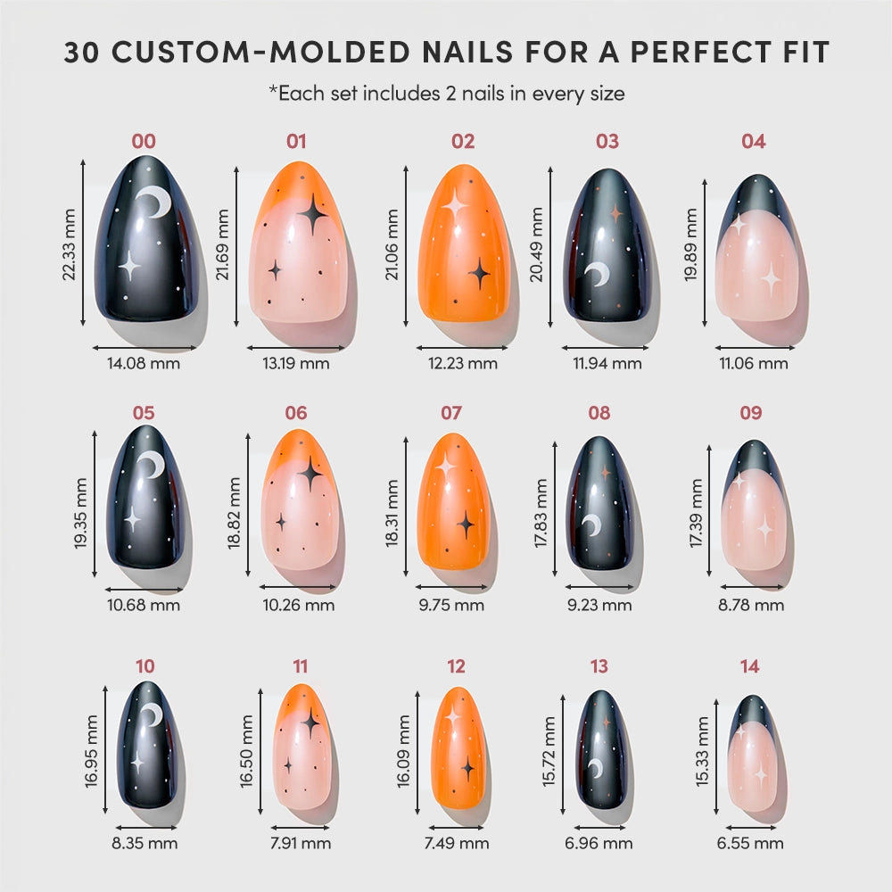 An infographic showcases glamnetic’s “October Nights” set, featuring 30 custom-molded press-on nails labeled 00 through 14. The chart highlights an array of short almond nails with trendy designs—including moons, stars, black-to-orange gradients, and glazed French tips—and each nail is marked with its precise length and width in millimeters for effortless size selection. - Product image