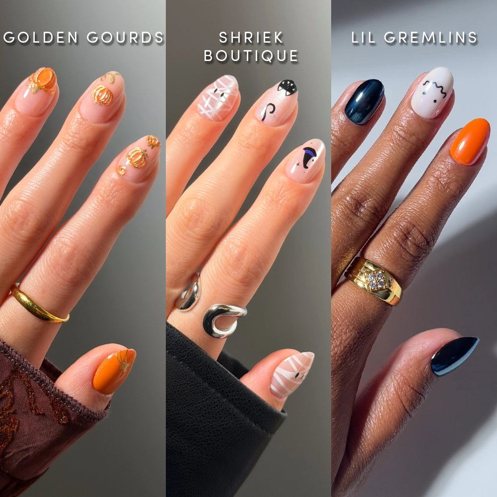 Showcasing three hands with Halloween-themed nail art from glamnetic’s October Ovals collection, each labeled Golden Gourds, Shriek Boutique, and Lil Gremlins—featuring unique designs in orange, black, white, and gold that are perfect for flaunting salon-quality press-on nails this spooky season.