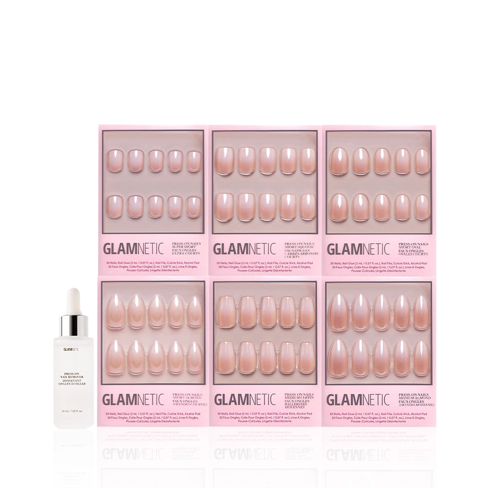 Six glamnetic Ombré Obsession Bundle boxes are arranged in two rows of three, with a white glamnetic nail glue bottle with dropper cap on the left, all set against a white background. - Product image