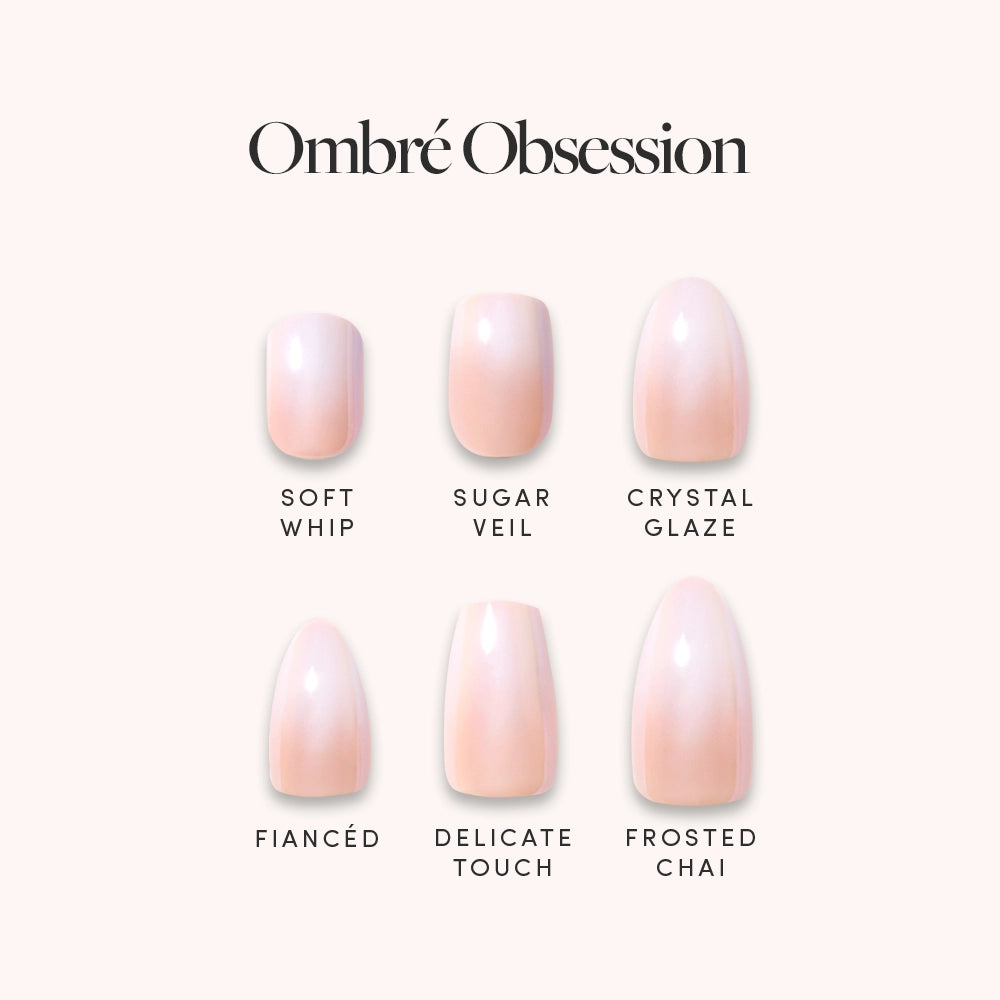 The glamnetic Ombré Obsession Bundle features six press-on nails in soft pink and nude shades—Soft Whip, Sugar Veil, Crystal Glaze, Fiancé, Delicate Touch, and Frosted Chai—with a chic nude-to-white ombré design against a cream backdrop.