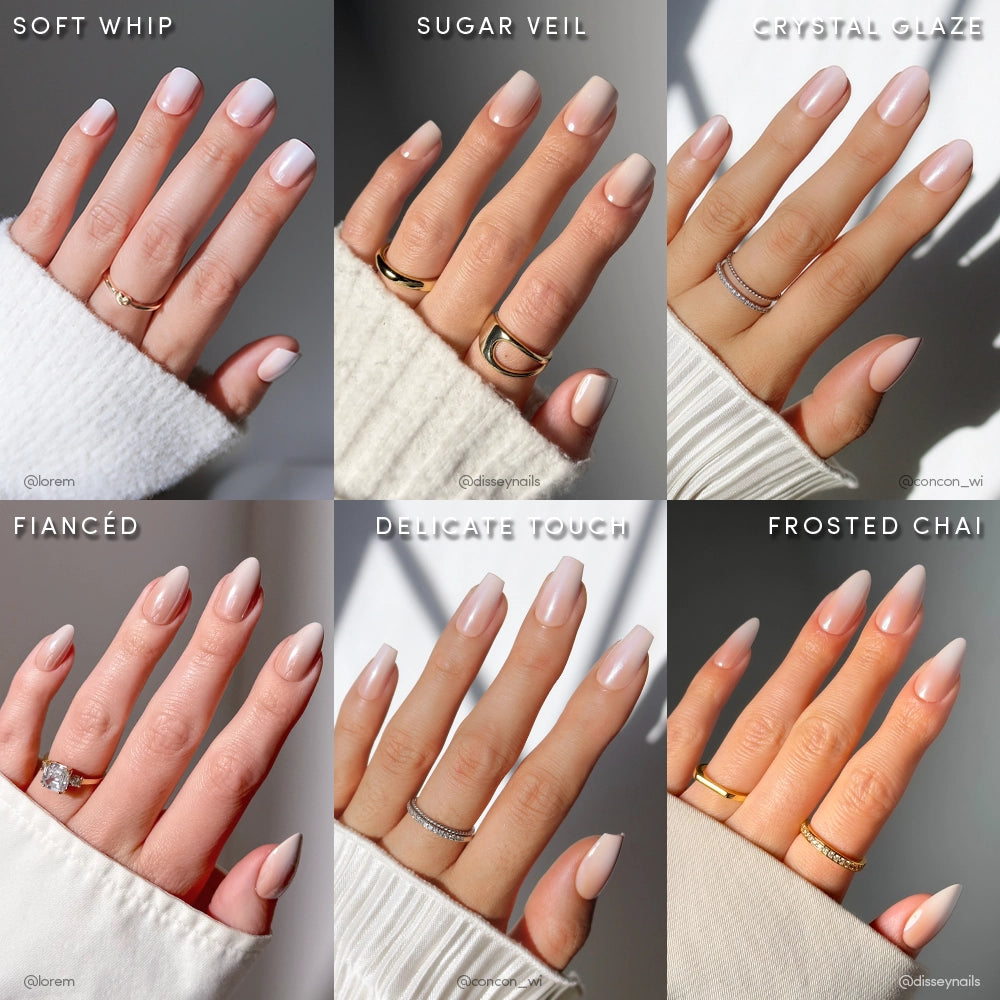 A collage of six hands shows off nude-to-white nails with subtle polish and rings, each shade from glamnetic's Ombré Obsession Bundle: Soft Whip, Sugar Veil, Crystal Glaze, Fiancé, Delicate Touch, and Frosted Chai.