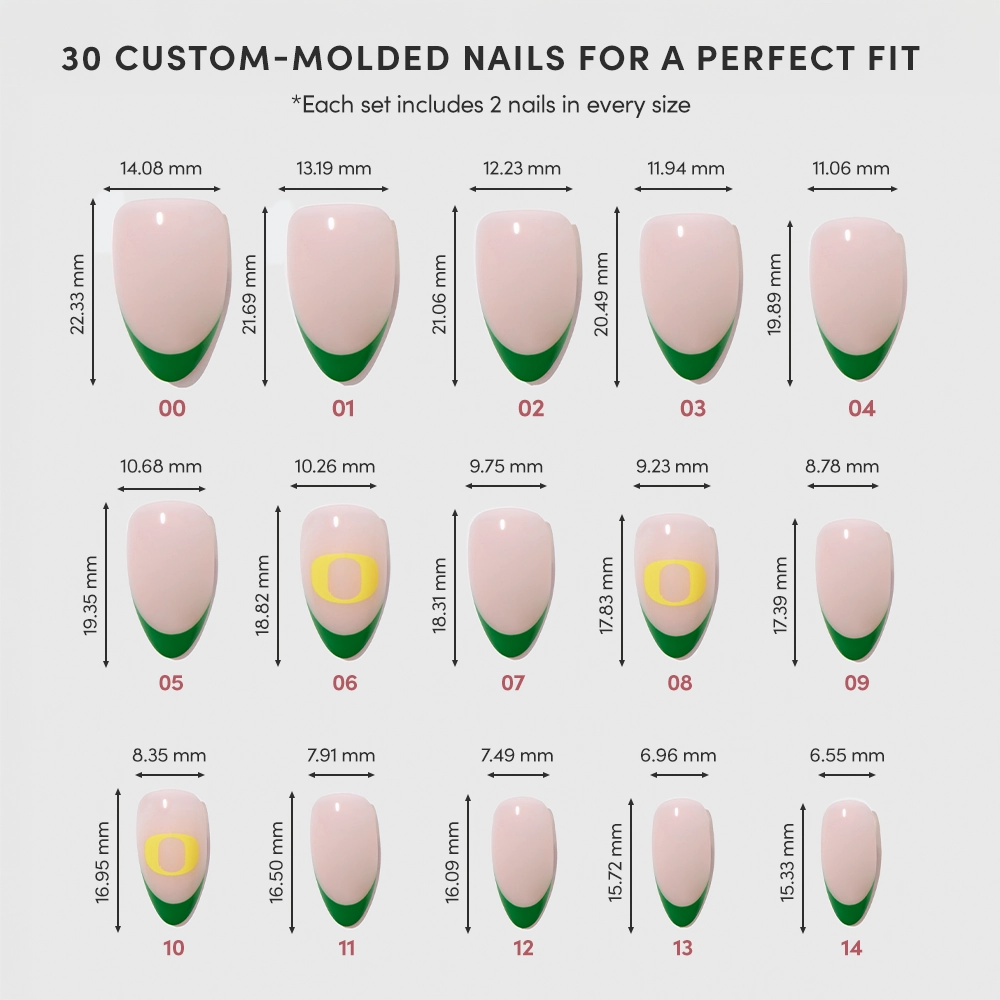 Chart displaying 15 sizes of glamnetic Oregon Ducks Press-On Nail Set, each custom-molded with green French tips and pink bases, labeled 01–15, with individual width and height—ideal for DIY team logo or themed nails. - Product image