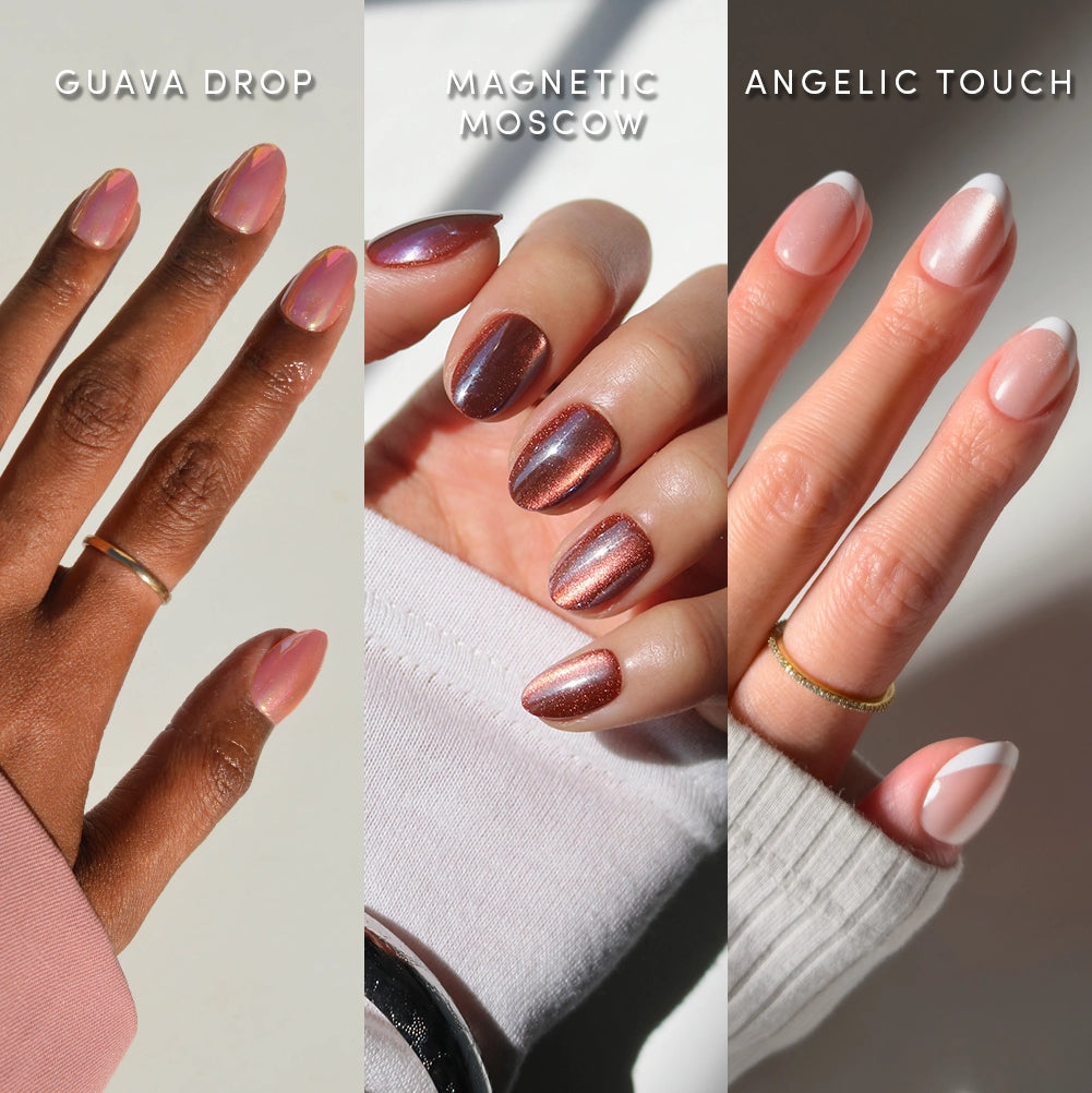 Three hands showcase different nail designs using glamnetic’s Oval Extra Credit collection: a light pink with sheen (Guava Drop), metallic mauve (Magnetic Moscow), and a pink with white French tips (Angelic Touch). Each hand is adorned with a simple gold or silver ring, highlighting the salon-quality finish of these stylish short oval press-on nails.