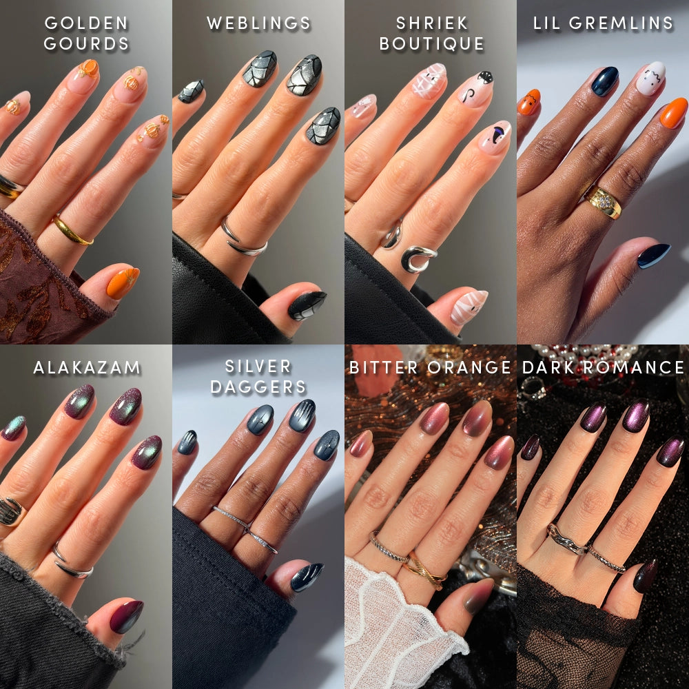 Eight sets of manicured hands display various nail art styles, each labeled with names like GOLDEN GOURDS, WEBLINGS, and BITTER ORANGE DARK ROMANCE, featuring bold colors and intricate designs. Get a salon-quality manicure at home with glamnetic’s Oval Occult press-on nail sets—vibrant and trendy short oval nails made for effortless style.