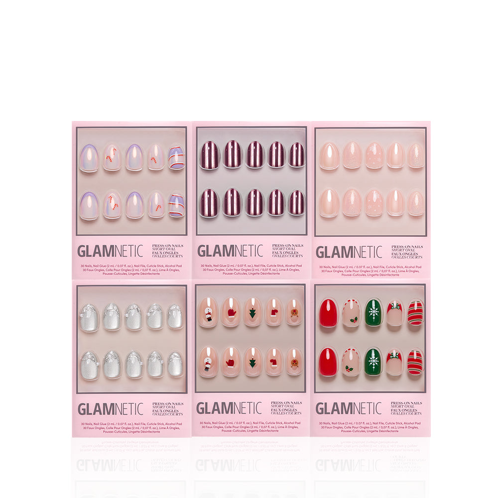 Oval & Bright - Six sets of Glamnetic Oval & Bright short oval press-on nails in various festive designs, each displayed in its individual retail box.