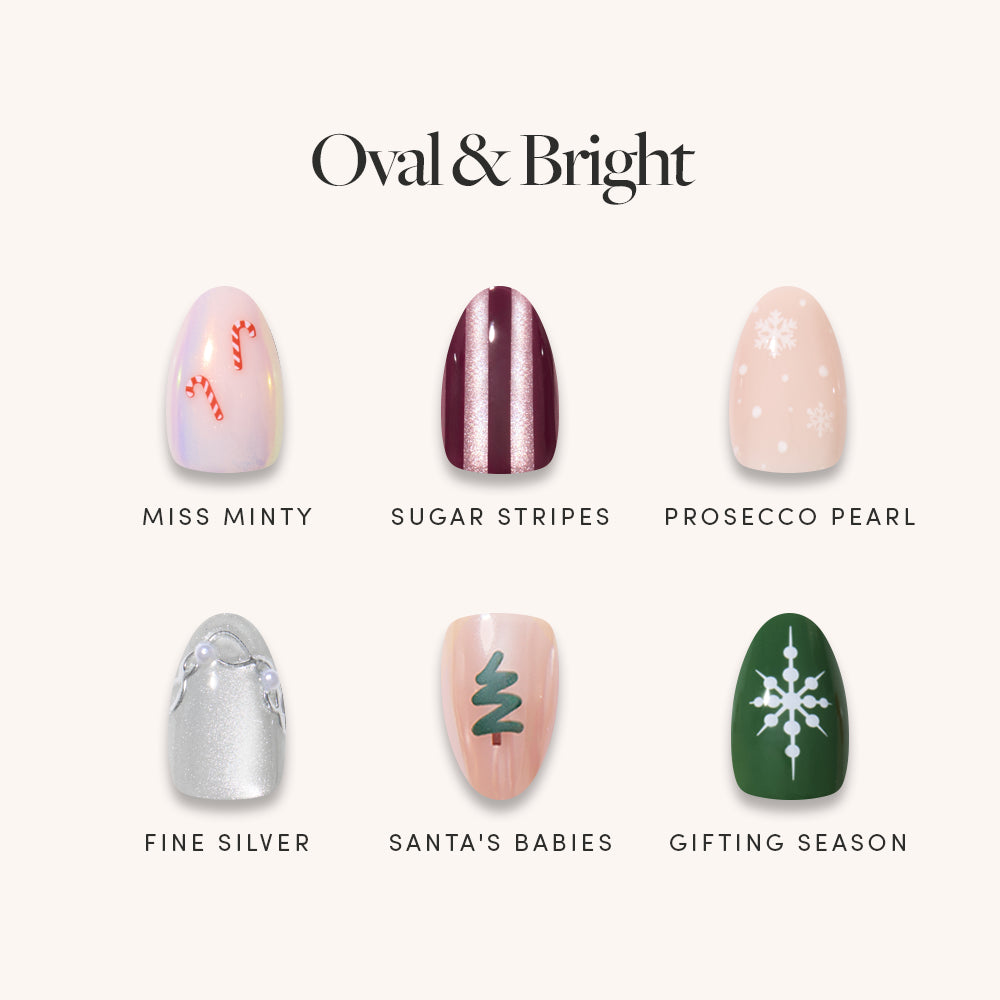 Glamnetic Oval &amp; Bright press-on nails in a short oval shape featuring festive holiday art, including candy canes, stripes, snowflakes, pearls, a Christmas tree, and a star, each labeled with its name.