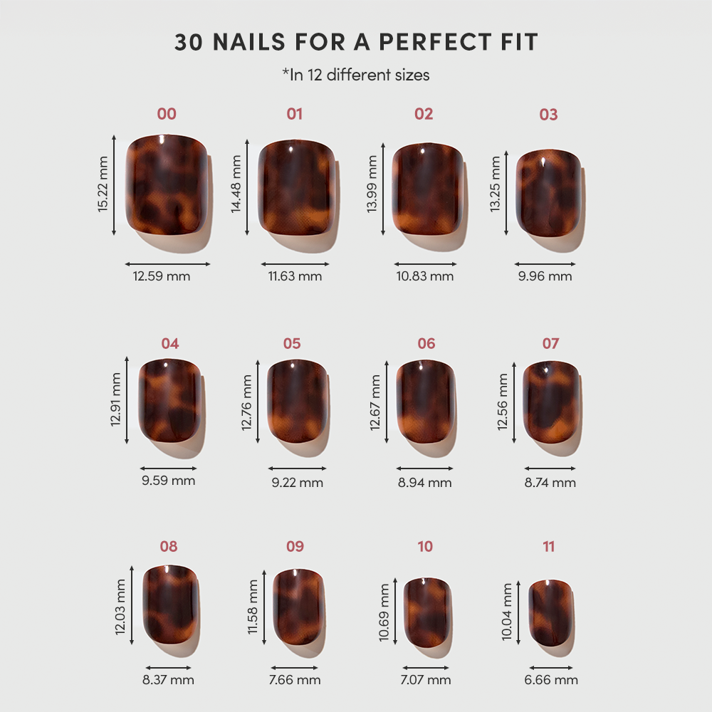 A chart under “30 Nails for a Perfect Fit” shows 12 sizes of glamnetic Own It All brown tortoiseshell French tip press-ons, labeled 00–11, with lengths and widths in millimeters listed below each nail. - Product image