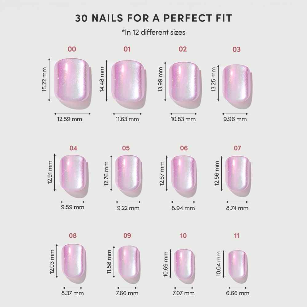 A chart shows 12 pearly pink Oyster Baby glamnetic press-on nail sizes (00–11), each labeled with width and height in mm. Title: 30 NAILS FOR A PERFECT FIT. - Product image