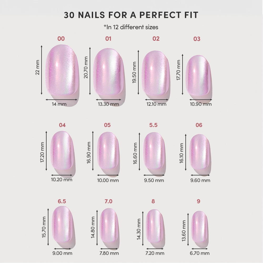 A chart displays 12 pink, oval Oyster Glow press-on nails by glamnetic, each labeled with size numbers plus their precise length and width in millimeters for perfectly fitted, pearlescent nails. - Product image