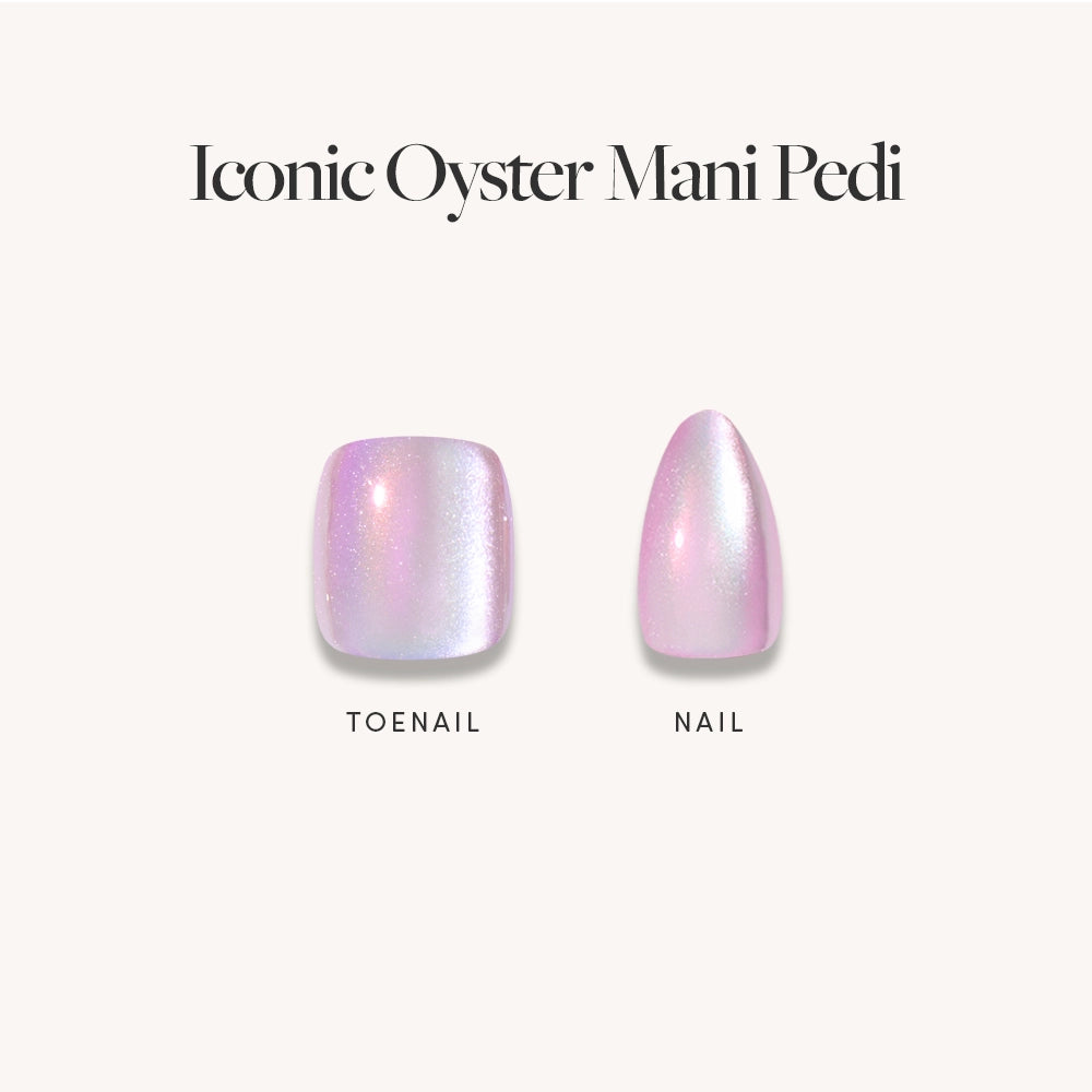 Two artificial press-on nails—a square toenail and an oval fingernail—are displayed against a white background with a shiny, pearlescent purple finish. Above them, text reads "Pearlescent Purple Mani & Pedi Bundles" by glamnetic. - Product image