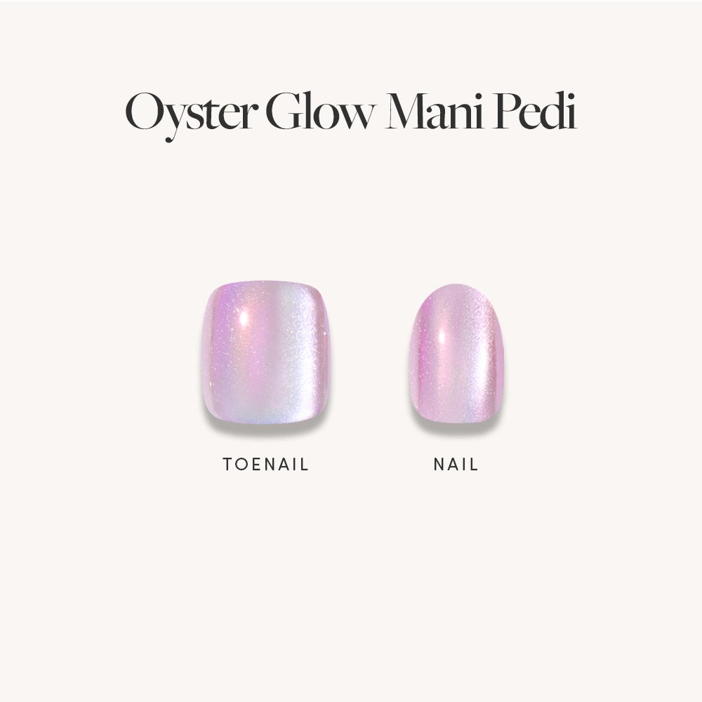 Two glamnetic press-on nails are shown—one for a toenail, one for a fingernail—in pearlescent purple and shimmery light pink with a pearl finish. Text: Pearlescent Purple Mani & Pedi Bundles from glamnetic. - Product image