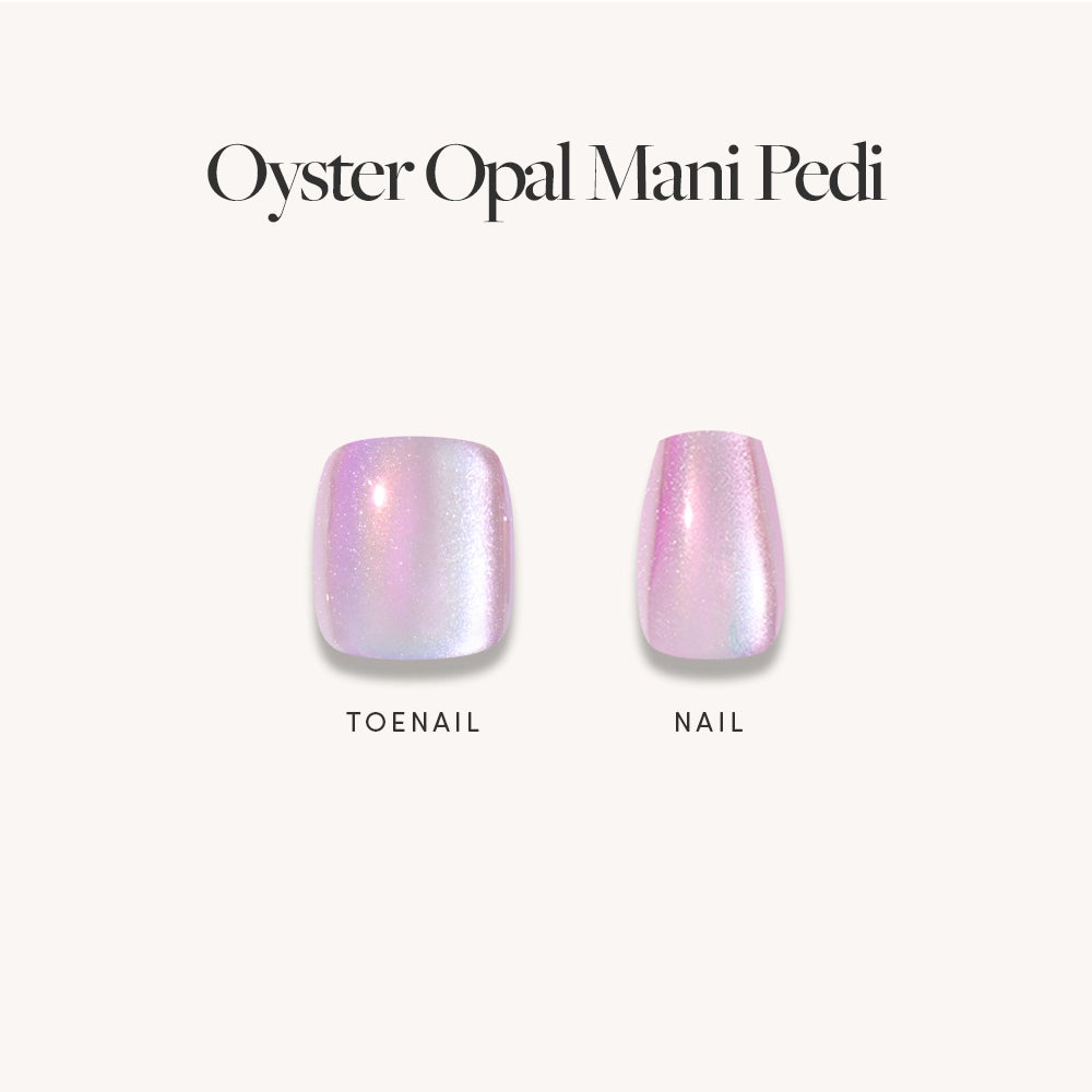 Two glamnetic press-on nails—a larger toenail and a smaller fingernail—shine with a pearlescent purple, iridescent opal finish under the label Pearlescent Purple Mani & Pedi Bundles. - Product image