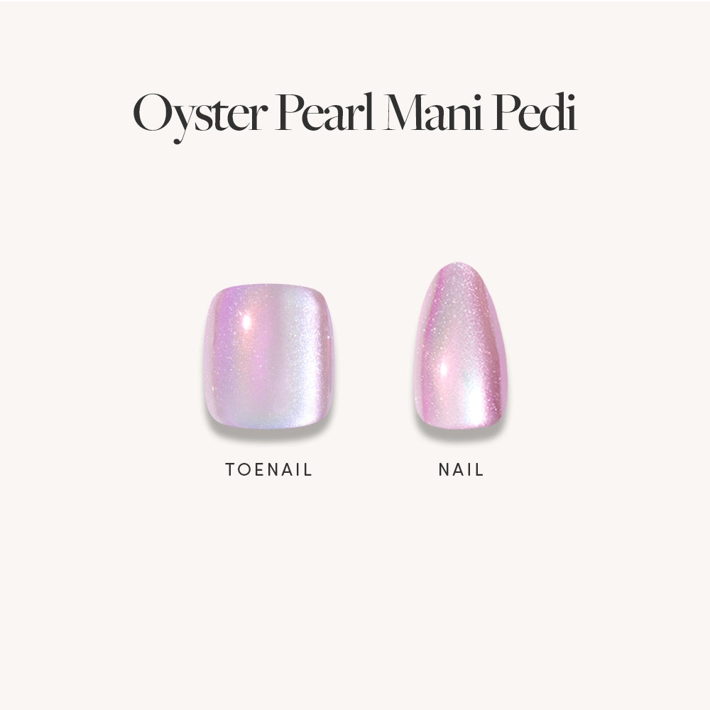 Two press-on nails from glamnetic’s Pearlescent Purple Mani &amp; Pedi Bundles are shown on a pale background—the left is a toenail, the right a fingernail—both with a shiny, pearlescent purple finish.