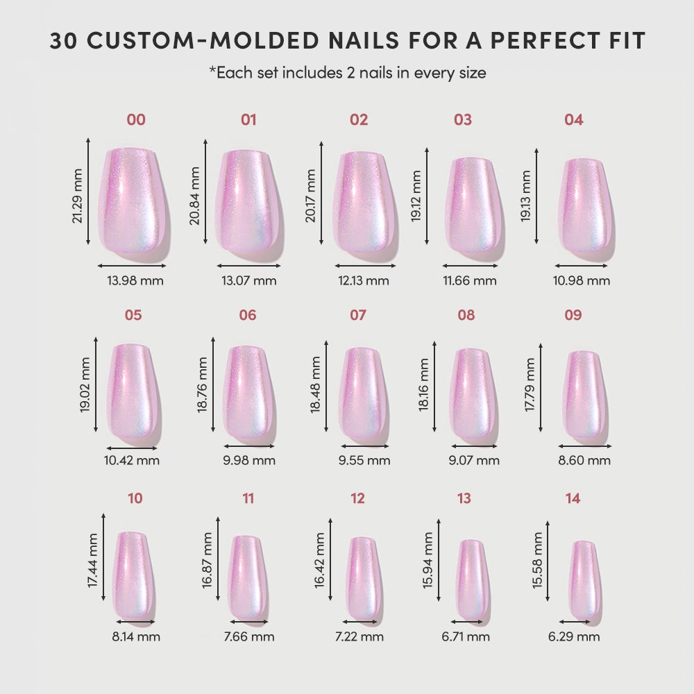 A chart displays 15 sizes of glamnetic Oyster Opal press-on nails (medium coffin, iridescent pink), each labeled by number, width, and length (mm). Each set includes 30 pearlescent nails—2 of each size. - Product image