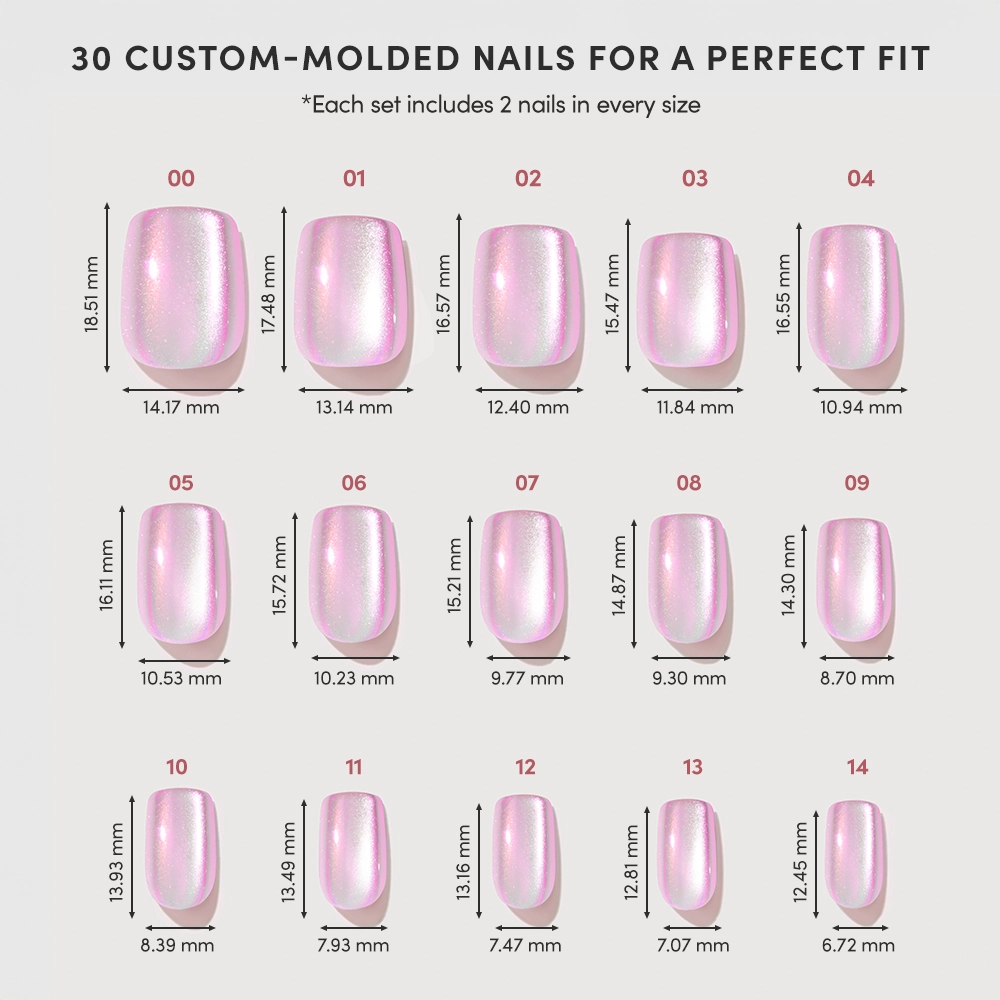 A chart shows 15 sizes of glamnetic Oyster Shell Press-On Nails in iridescent pink, labeled with millimeter measurements. Text reads: 30 pearlescent glamour nails for a custom fit. - Product image