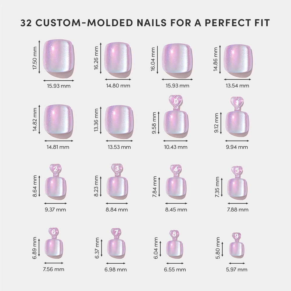 A chart displays 16 sizes of glamnetic's Oyster Toenail—custom-molded, pearlescent pink press-ons—each labeled with millimeter height and width for a perfect fit. - Product image