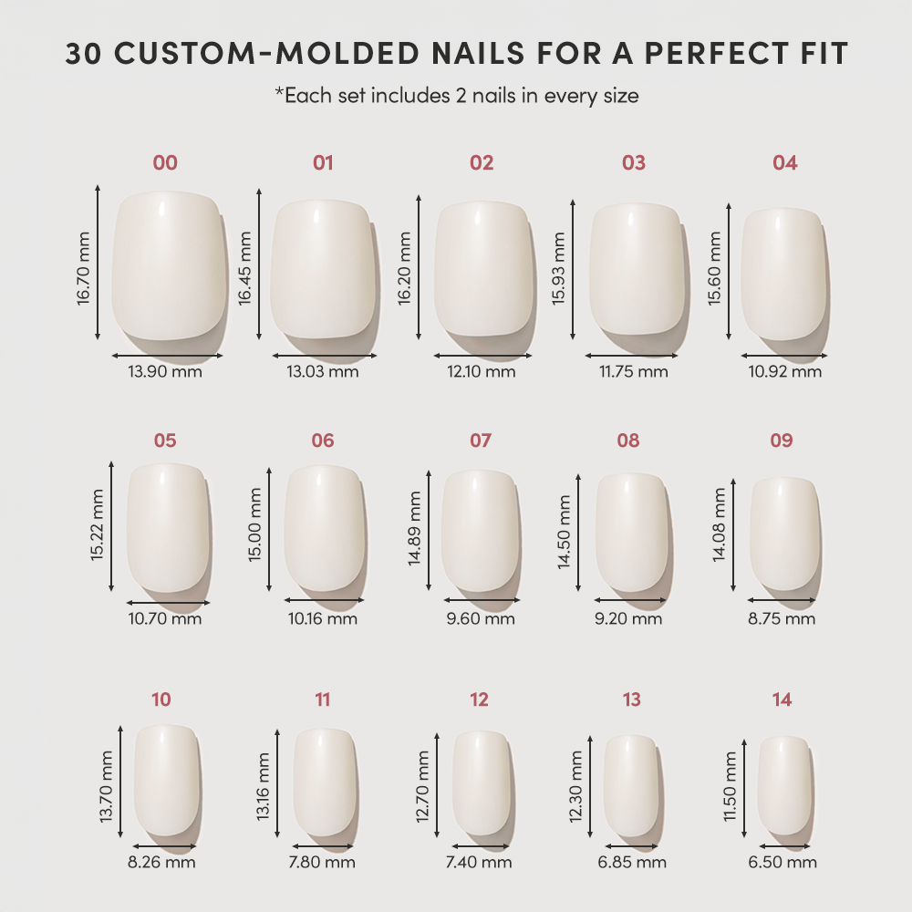A chart displays 15 numbered sizes of glamnetic Porcelain custom-molded press-on nails, each labeled with length and width in millimeters. Above the chart, it says: 30 Porcelain Custom-Molded Press-On Nails for a Perfect Fit. - Product image