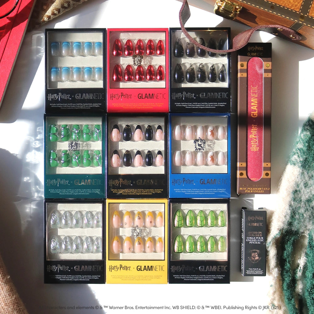 The Harry Potter™ x Glamnetic PR Box by glamnetic features a collector's set of vibrant, wizard-inspired press-on nails—an enchanting addition to any fan's Glamnetic PR Box collection. - Product image