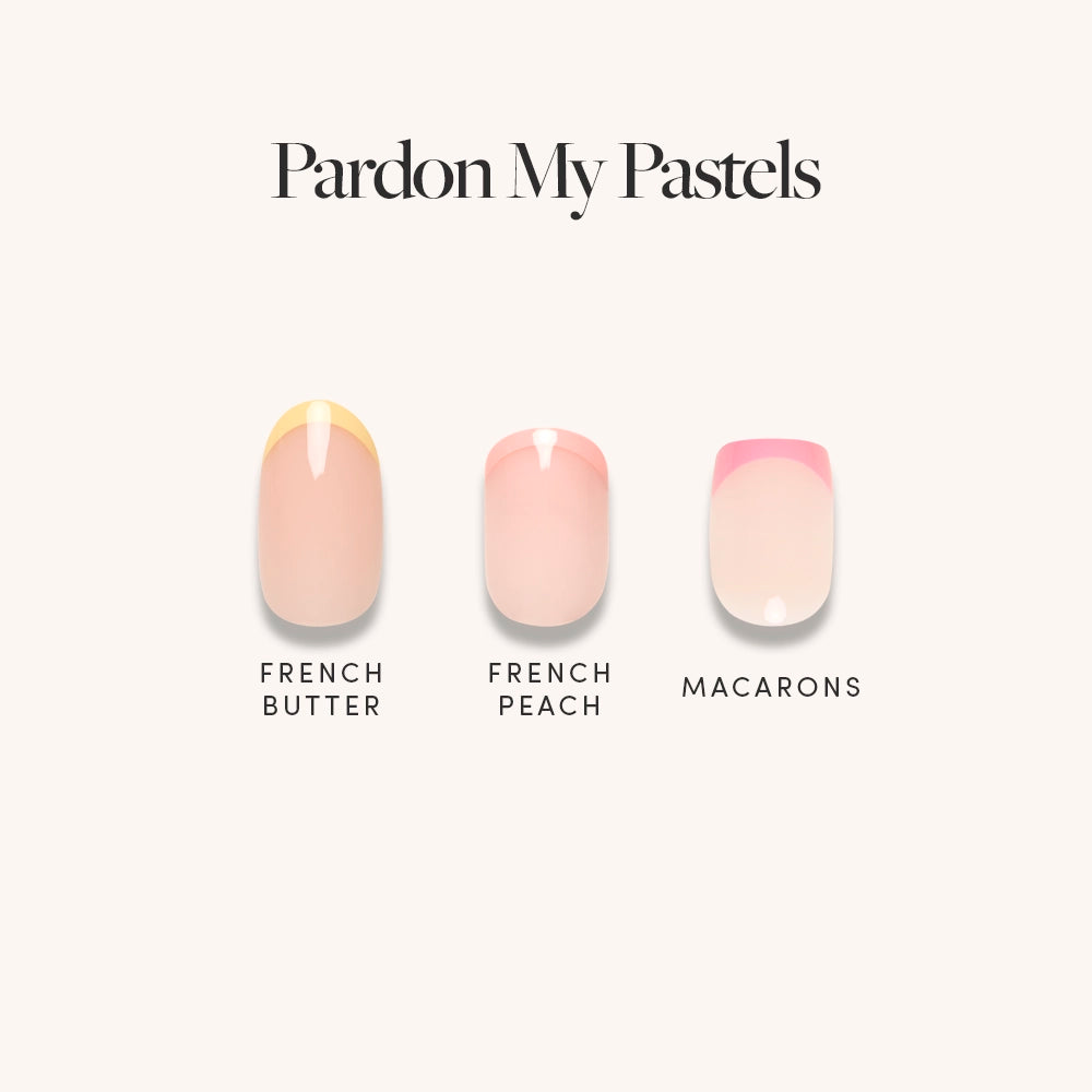 Glamnetics Pardon My Pastels features three pastel French tip manicure styles—yellow, peach, and pink—side by side on a neutral background under the title Pardon My Pastels.