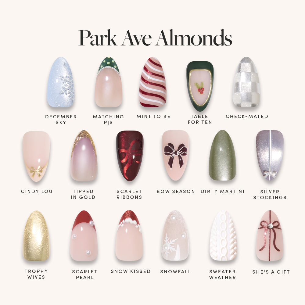 A festive display of 14 almond-shaped holiday nail designs from glamnetic’s Park Avenue Almonds collection, each labeled with a cheerful name and featuring stylish patterns in red, green, gold, white, and silver. Perfect for lovers of short almond press-on nails, this set offers a chic way to celebrate the season. - Product image
