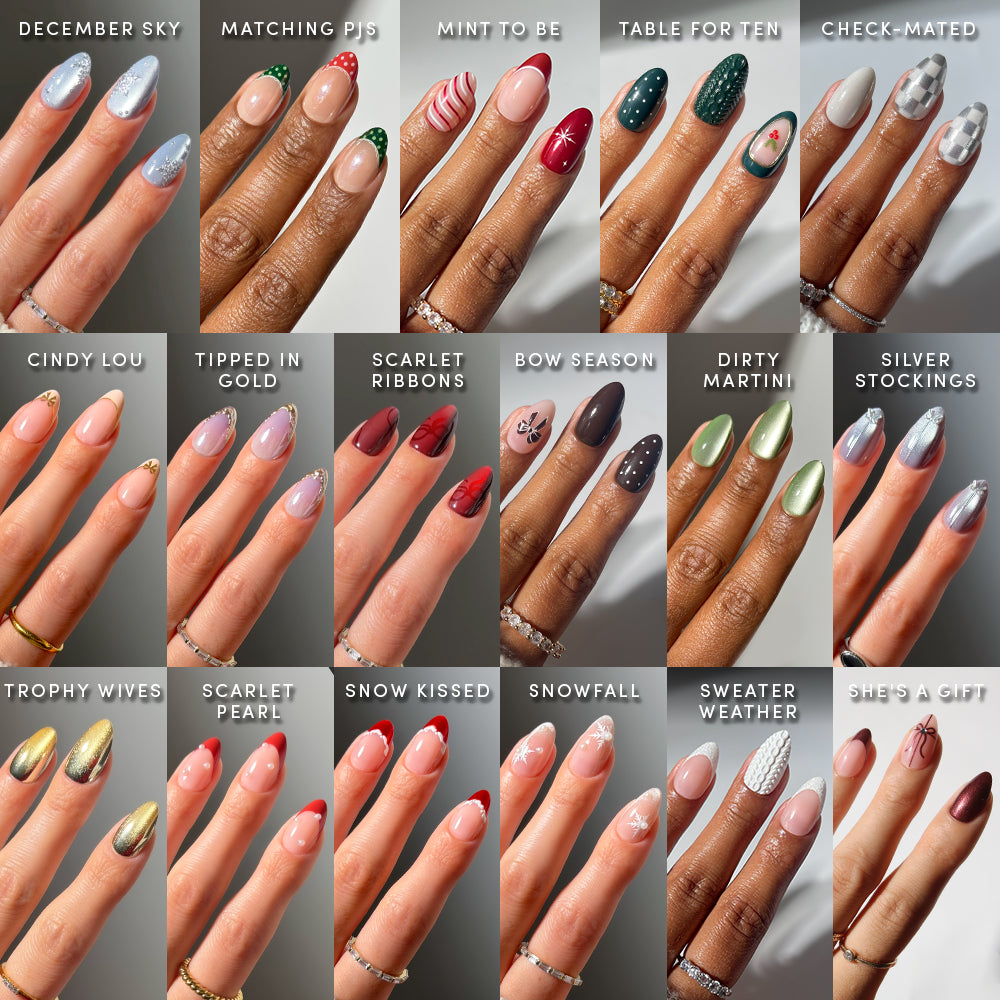 Twenty manicured hands display a variety of festive nail art looks from glamnetic’s Park Avenue Almonds collection. Designs include metallics, reds, greens, nudes, patterns, and holiday-inspired accents—all offered together as a glamorous bundle of short almond press-on nails. Each hand is adorned with gold rings and features the name of each design labeled above it. - Product image