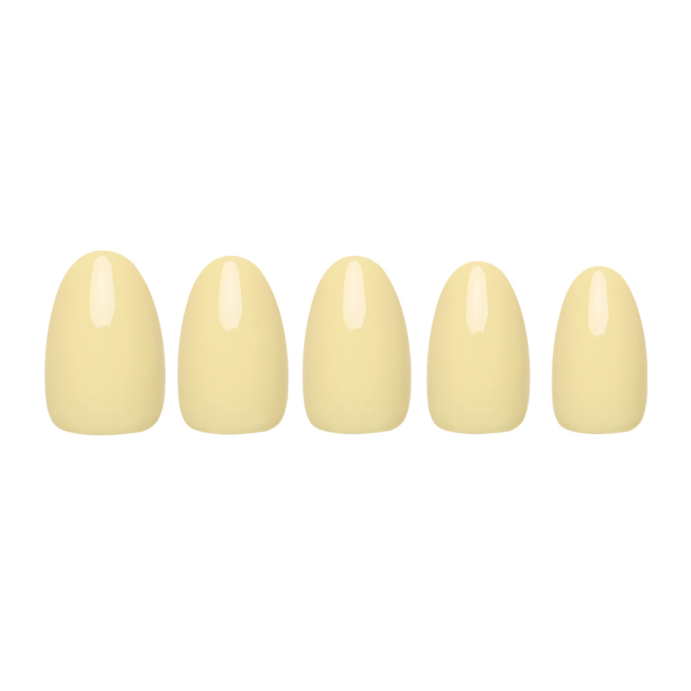 Five short, oval nails in glamnetics Pastel Yellow shade are arranged in a row on a white background, highlighting their glossy, salon-quality finish. - Product image
