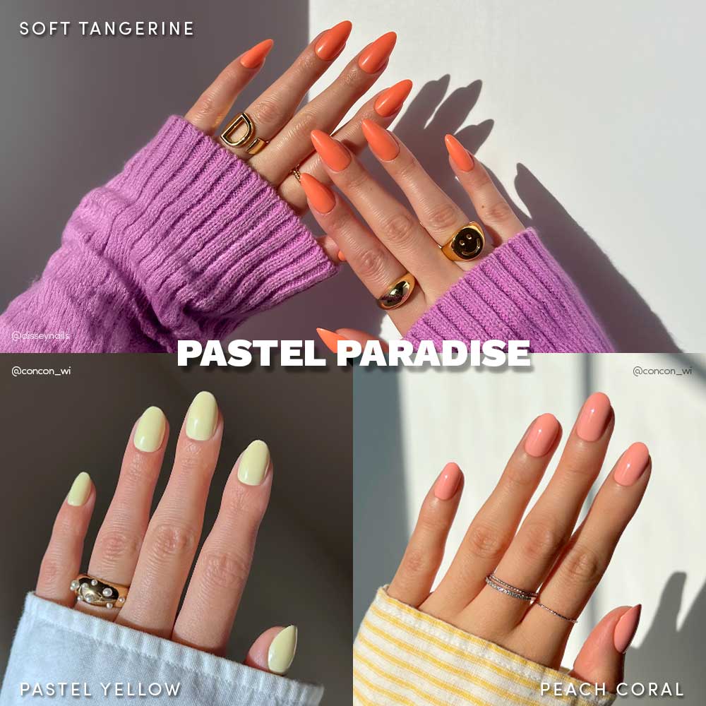 A collage features three manicured hands with pastel press-ons—tangerine, pastel yellow, and peach coral. Center text: “PASTEL PARADISE.” Achieve salon-quality nails with the Pastel Paradise set from glamnetic.
