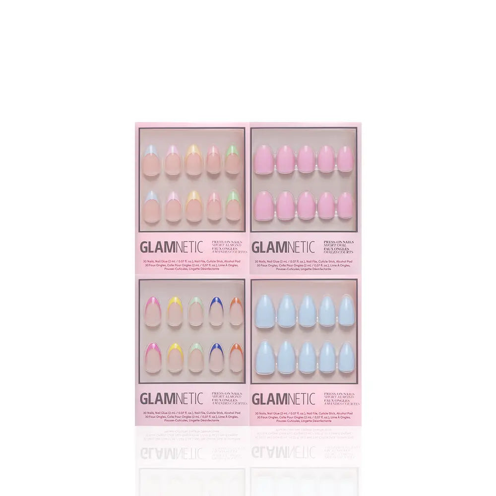 Four boxes of glamnetic Pastel Princess press-on nails are arranged in a grid on a white background. Each set features trendy short almond nails in various pastel colors and designs—including pink, blue, and iridescent styles—perfect for creating an effortlessly chic manicure. - Product image