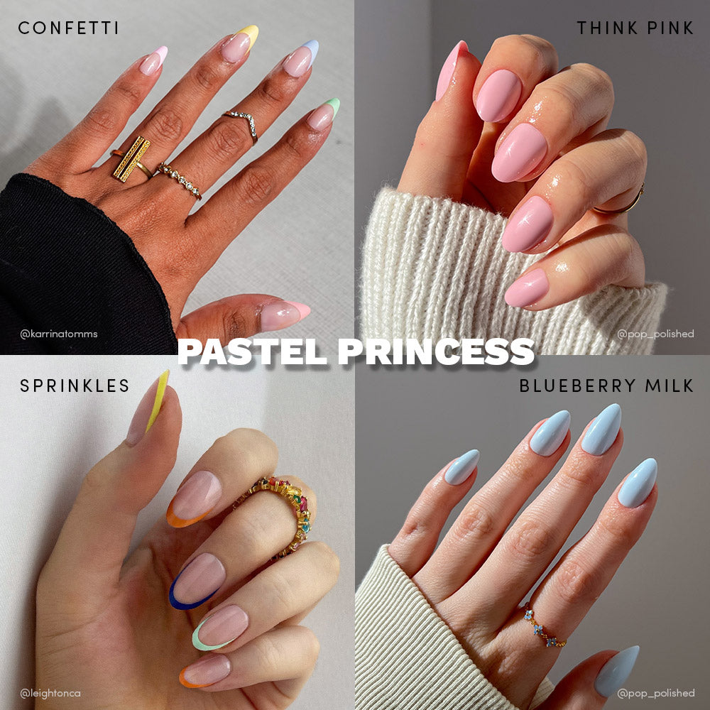 Four hands showcase glamnetic’s Pastel Princess press-on nails: yellow and white confetti tips, glossy pink Think Pink Sprinkles, multicolored tips, and light blue. Pastel Princess text in center. Pair perfectly with Brush On Nail Glue!.