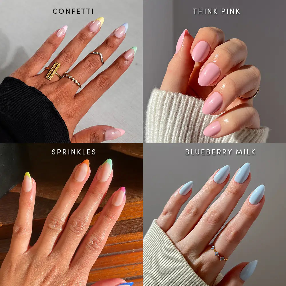 Four hands display different nail styles: pastel multicolor (confetti), light pink (think pink), clear nails with colored tips (sprinkles), and soft blue nails (blueberry milk)—each labeled in its own square. The glamnetic Pastel Princess set offers short almond press-on nails, making it easy to achieve a chic, trendy look in minutes.
