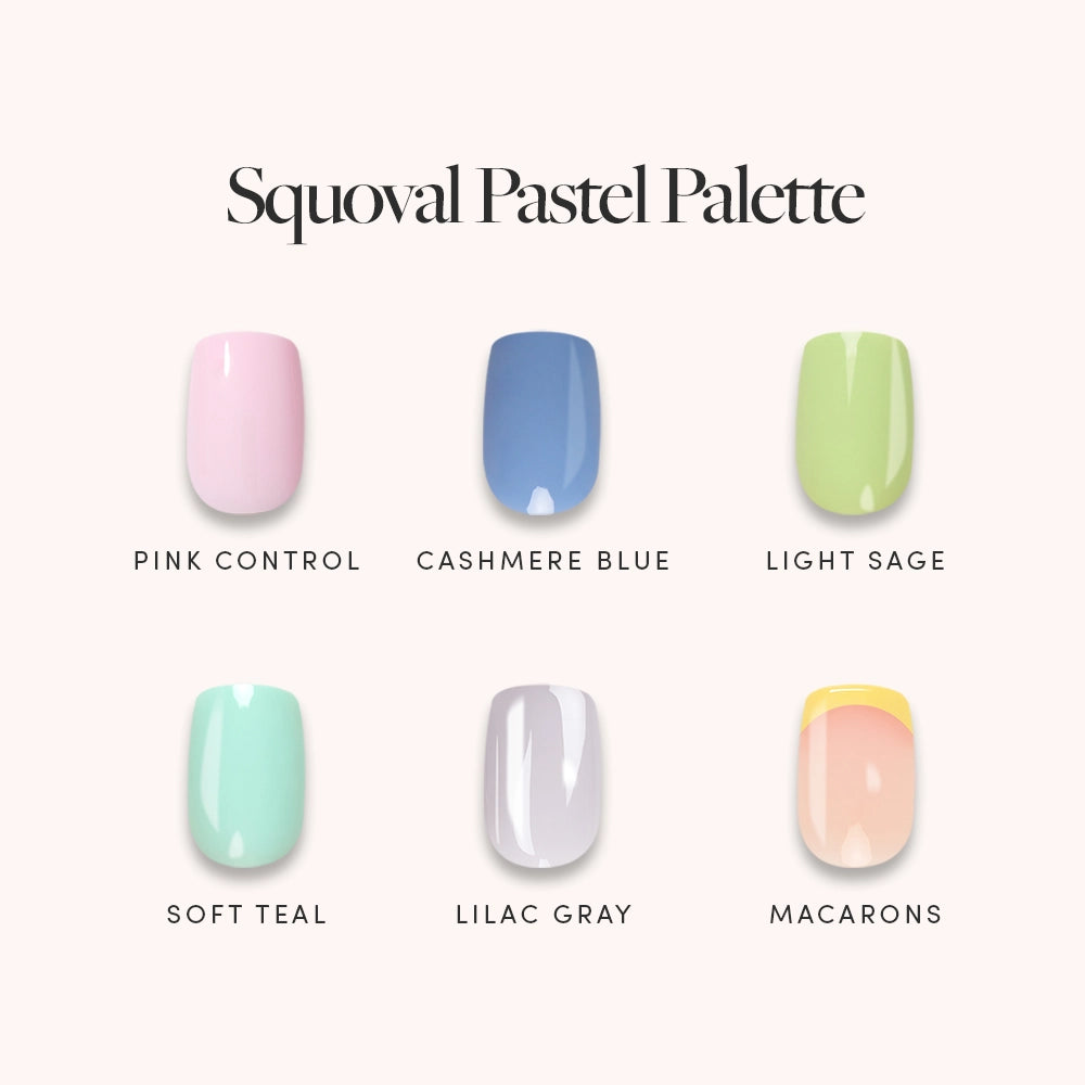 Six nail polish swatches—Pink Control, Cashmere Blue, Light Sage, Soft Teal, Lilac Gray, and Macarons—are featured under the Squoval Pastel Palette collection by glamnetic on a light background. Ideal for crafting soft French tips or designing your perfect press-on set, these pastel shades from glamnetic deliver a delicate yet fashionable look suitable for any occasion.