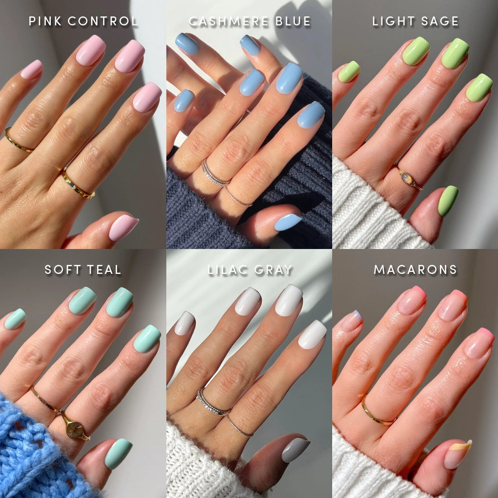 Six hands display manicured nails in pastel shades of Pink Control, Cashmere Blue, Light Sage, Soft Teal, Lilac Gray, and Macarons—each adorned with gold rings for a touch of elegance. These flawless looks are achieved using the Squoval Pastel Palette press-on nail set by glamnetic, designed for effortless application at home.