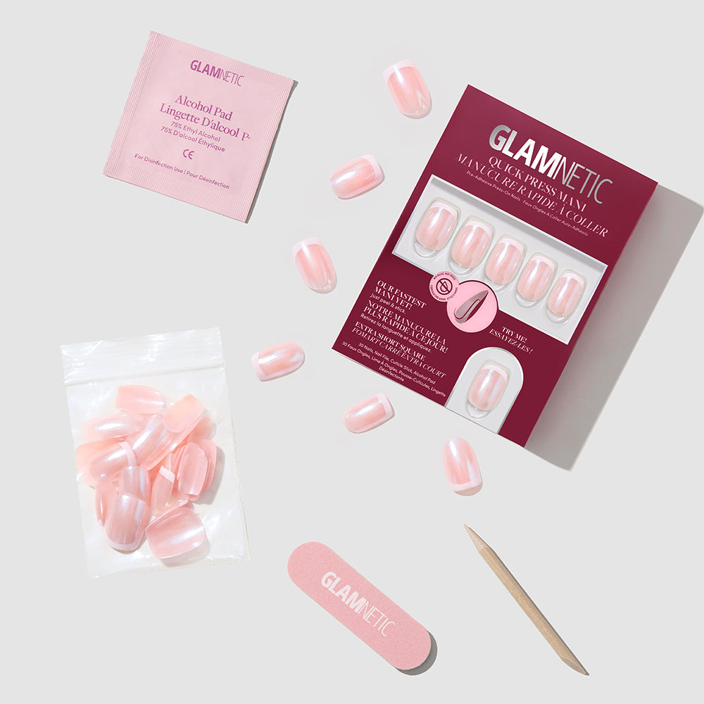 Glamnetic Pearl Du Jour extra-short square press-on nails with a pearlescent finish, including an alcohol pad, nail file, and cuticle stick. - Product image