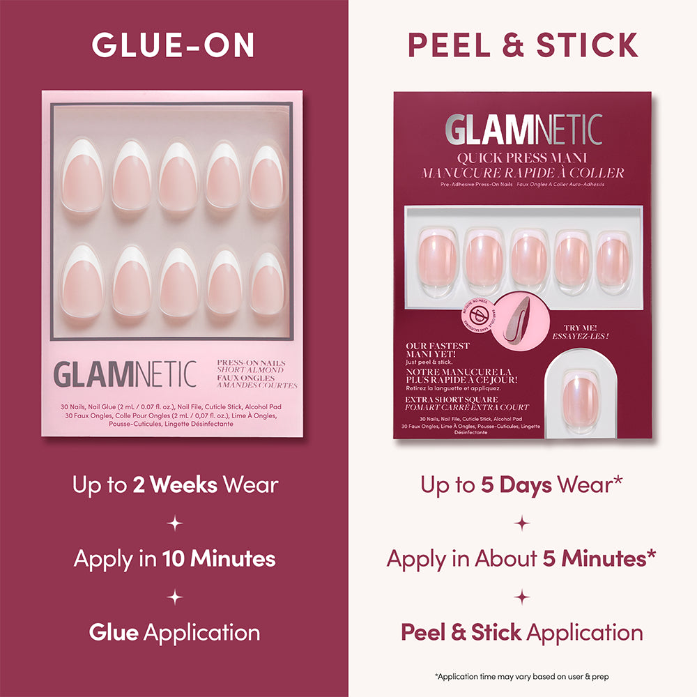 A side-by-side comparison of glue-on and peel-and-stick Pearl Du Jour French tips by Glamnetic, showing application times and wear duration for a salon-quality manicure. - Product image