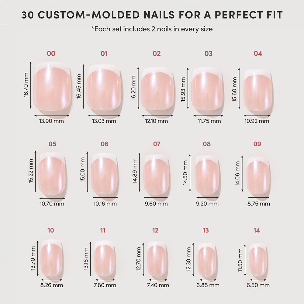 A grid of 30 square-shaped Pearl Du Jour press-on nails by glamnetic, labeled 00 through 14 with length and width measurements for each size of these salon-quality manicure tips. - Product image