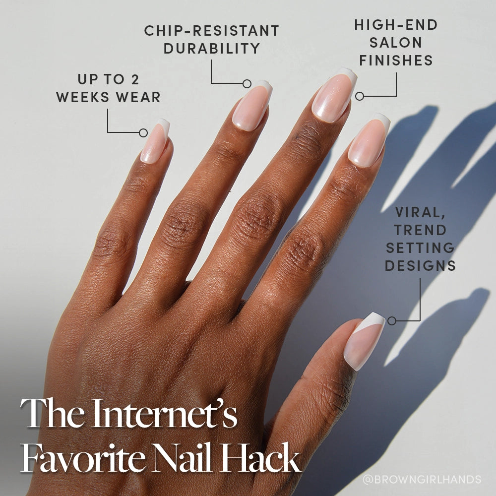 A hand with neatly manicured, medium coffin nails features glamnetic’s Pearl Glaze polish—showcasing a shiny nude look, salon-quality finish, long wear, chip resistance, and trendy French tips. Text: The Internet’s Favorite Nail Hack. - Product image