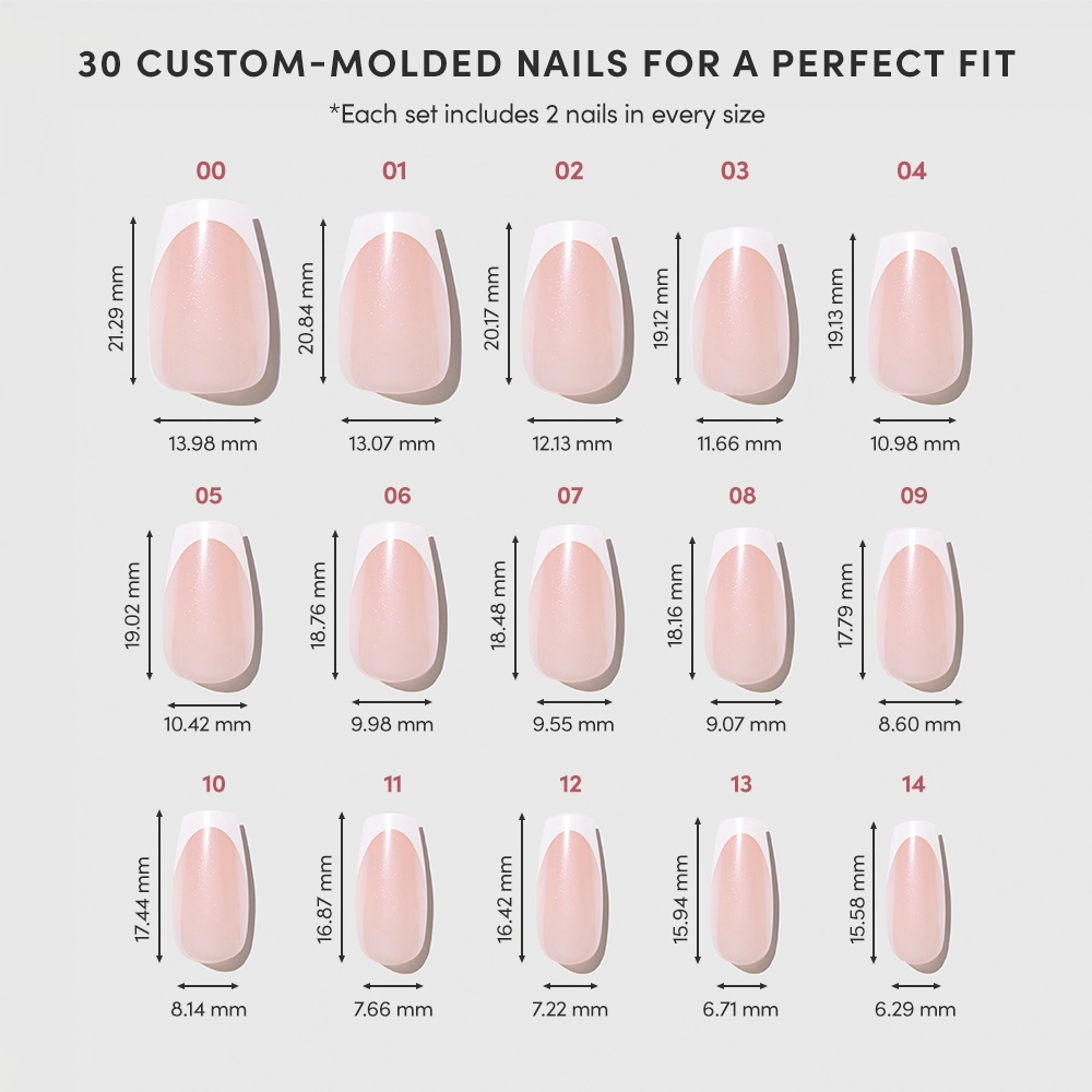 A chart displays 15 sizes of glamnetic’s Pearl Glaze Press-On Nails in a medium coffin shape, each labeled with width and height in millimeters. The light pink nails are shown from largest to smallest in three neat rows. - Product image