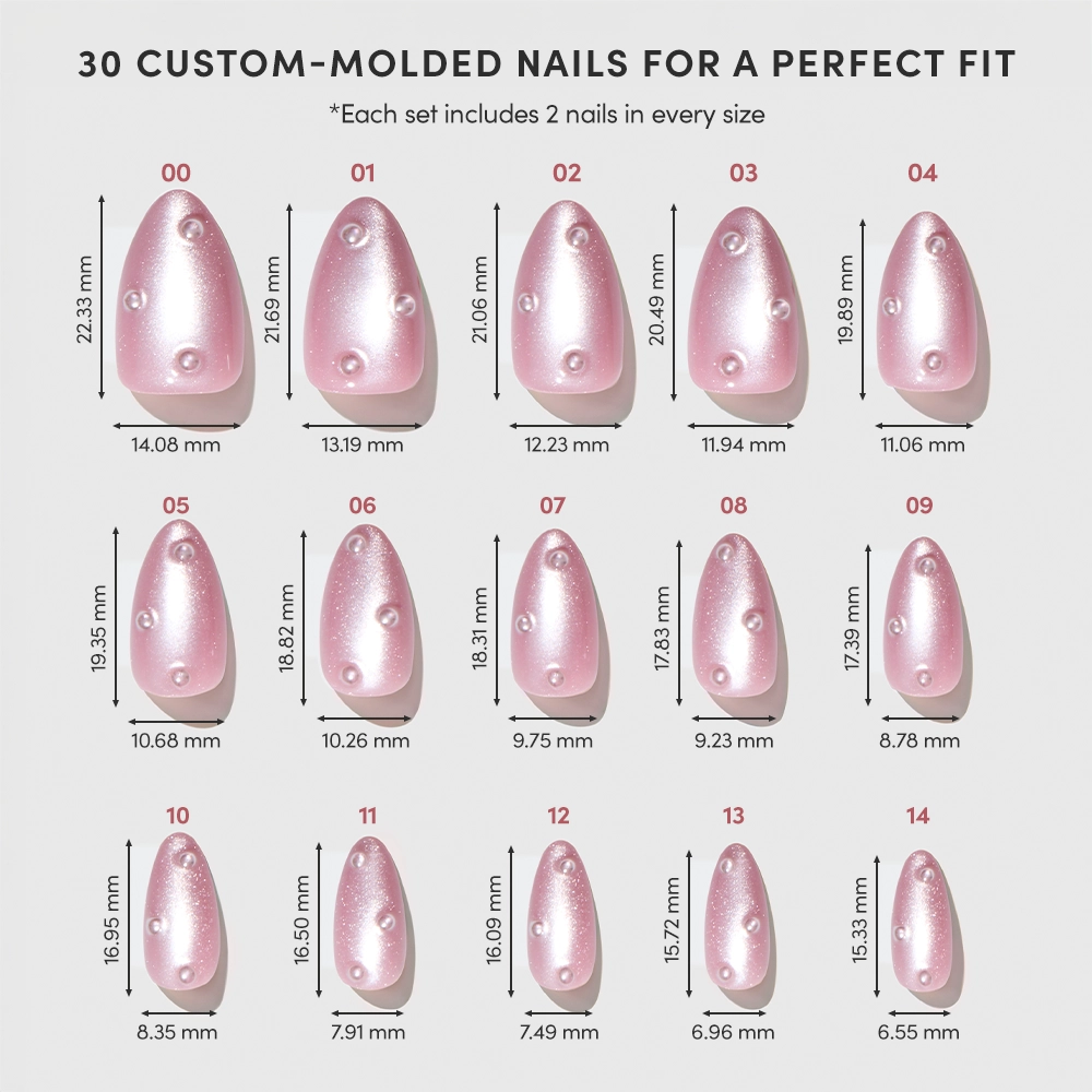 A chart displays 15 sizes of glamnetic’s Pearl Me Softly blush-pink almond nails with shimmery oval shapes and 3D pearls. Each nail shows its number, width, and length in mm. Text above notes each set includes two of every size. - Product image