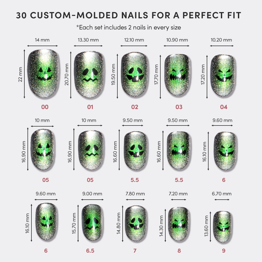 A chart displays 15 sizes of glamnetic Peek-o’-Lantern custom-molded short round nails with silver glitter and green skulls. Each nail’s width and height are labeled in millimeters—perfect for a stylish, reusable manicure. - Product image