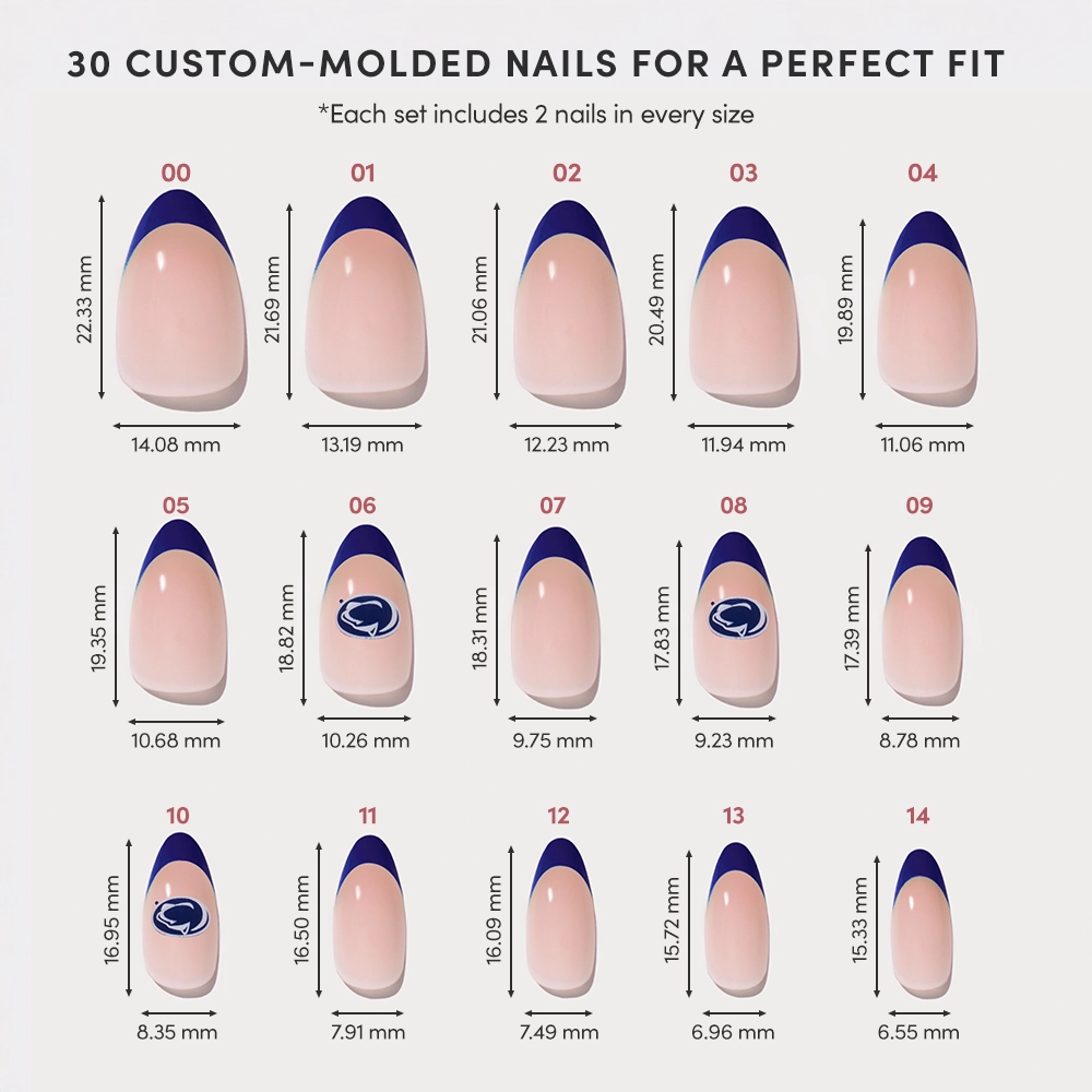 The glamnetic Penn State Nittany Lions Press-On Nail Set chart features 15 sizes, each with a pink base and dark blue French tip. Dimensions appear below each nail. Top text notes each set contains two of every size. - Product image