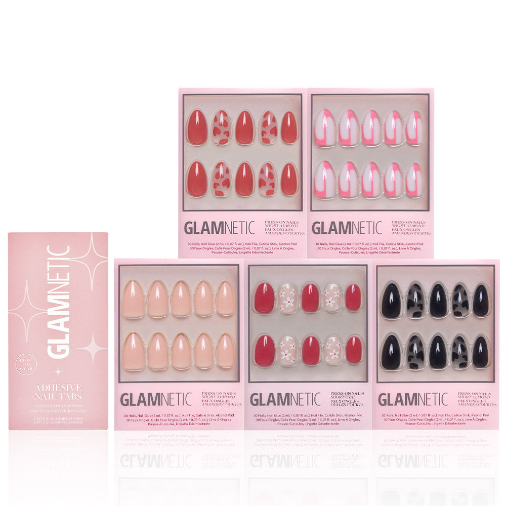 Six glamnetic Perfect Match boxes feature reusable, short almond press-on nails in pink packaging with solid, French tip, leopard print, and floral designs in nude, red, pink & black—ideal for any occasion. - Product image