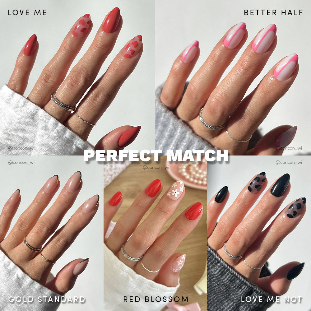 A collage of six manicured hands displays glamnetics Perfect Match press-on nails in various designs—hearts, ombré, florals, and polka dots. Each reusable nail style is labeled: Love Me, Better Half, Gold Standard, Red Blossom, and Love Me Not.