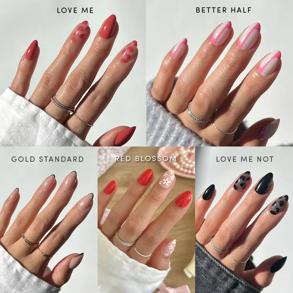 Five manicured hands display different nail art styles from the glamnetic Perfect Match collection on short almond nails, including red and pink hearts, double French pink tips, nude tones, floral red designs, and black nails with dark hearts. Some looks feature reusable press-on nails for easy at-home application. Hands are accessorized with rings. Each style’s name appears above it.