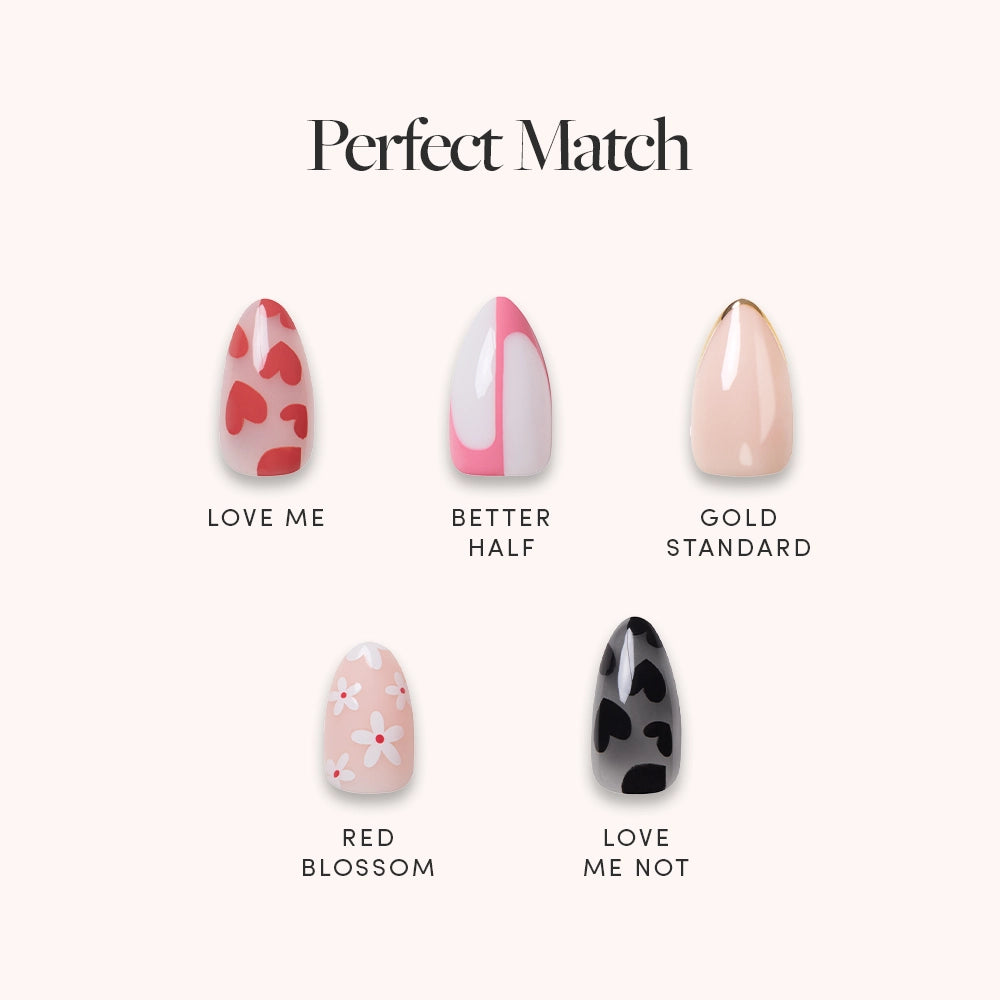 The glamnetic Perfect Match set includes five short almond press-on nails: red hearts on pink, pink/white split, nude with gold tips, pink with white flowers, and black with dark hearts.