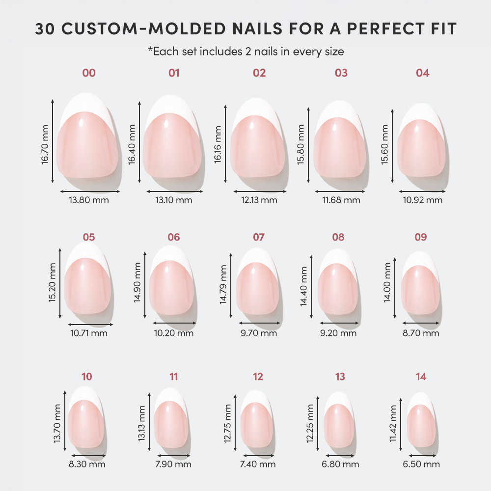 A Glamnetic Petite Pearls sizing chart for quick press mani nail shapes, displaying 15 numbered styles including extra short almond nails with their corresponding height and width measurements in millimeters. - Product image