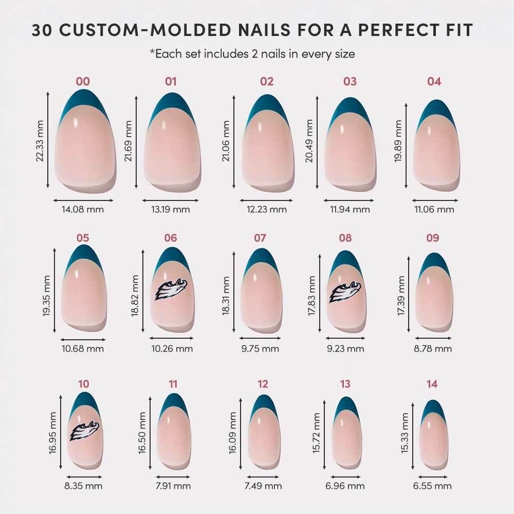 A chart displays 15 nail sizes (00-14), each with width and length in millimeters and colored tips—ideal for selecting your glamnetic Philadelphia Eagles Press-On Nail Set. - Product image