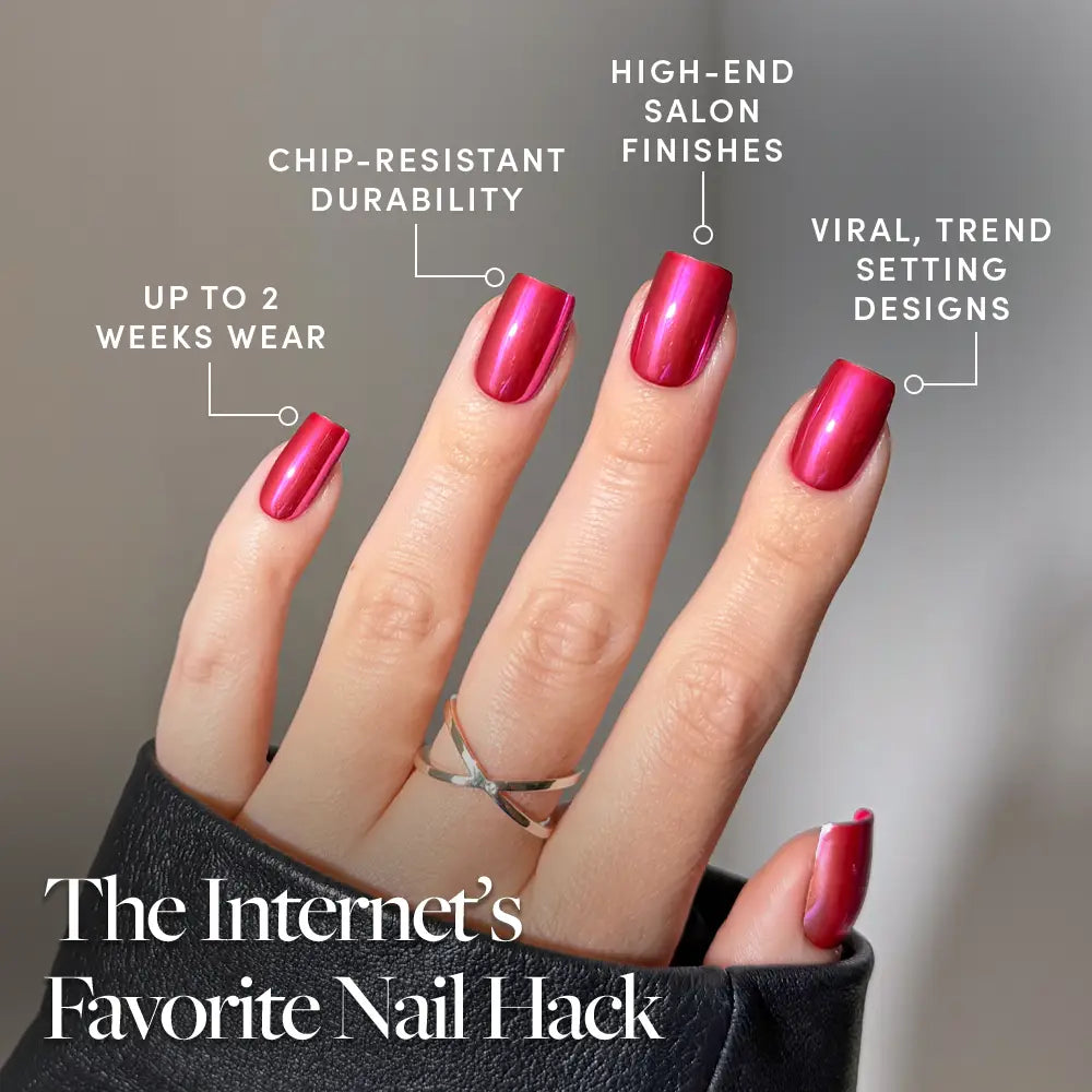 A hand with shiny, dark pink Pink Alloy nails by glamnetic is shown, featuring a stunning metallic chrome finish. Text highlights features: up to 2 weeks of wear, chip-resistant durability, high-end salon results, and viral, trend-setting designs. The Internet’s Favorite Nail Hack appears below. - Product image