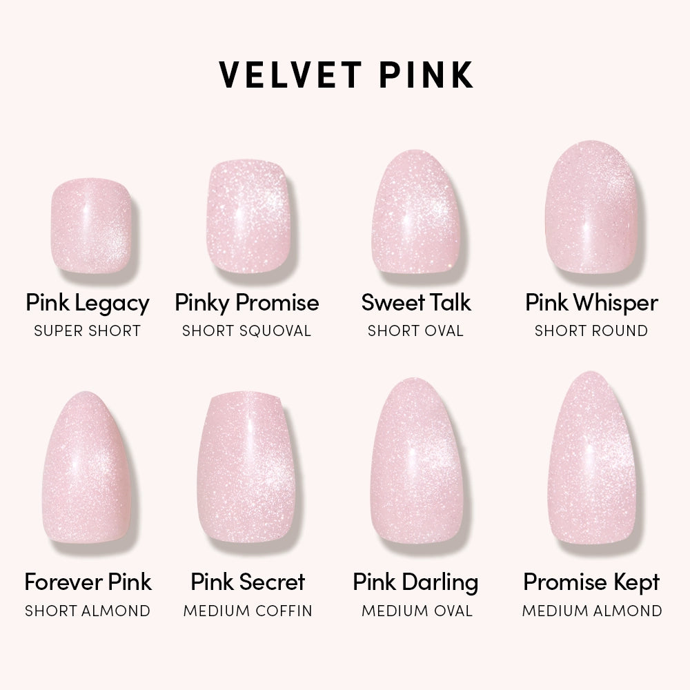 Glamnetic’s Pink Darling features eight salon-quality press-on nails in a shimmery light pink, displayed with labels for each shape: super short, short squoval, short oval, short round, short almond, medium coffin, medium oval, and medium almond. - Product image